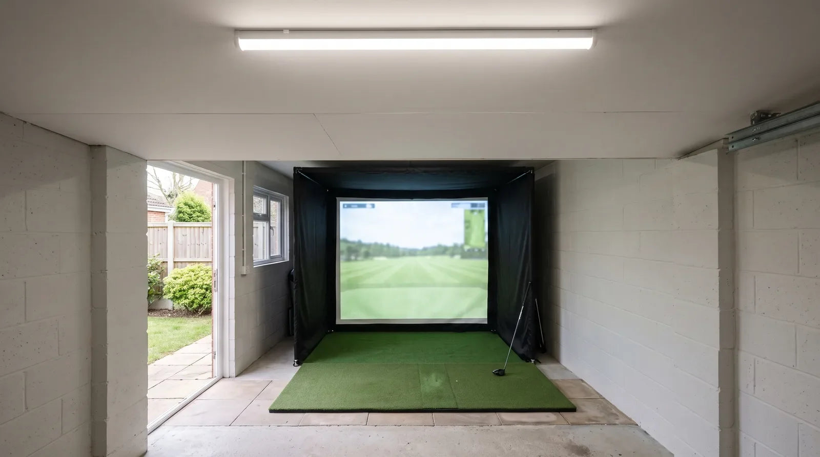A home golf simulator in a British garage seen from the back, with the flat ceiling and a strip light above a black enclosure, an impact screen and a hitting mat