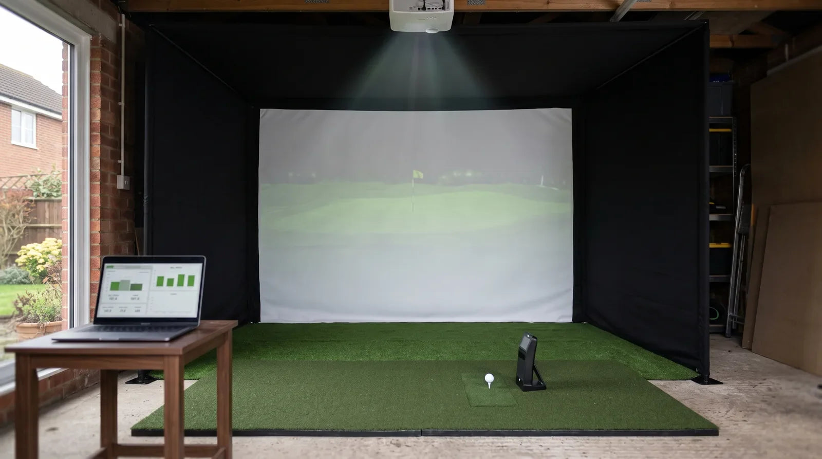 A home golf simulator seen from behind the hitting area, with a launch monitor beside a teed ball, a ceiling projector lighting the screen and a laptop showing shot data